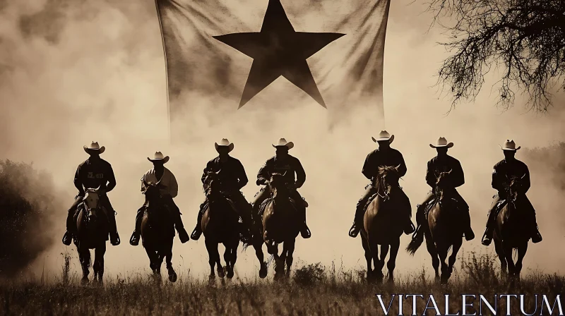 AI ART Sepia Cowboys on Horses with Texas Flag