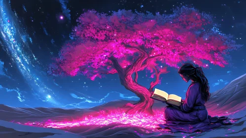 Woman Reading Book Under Pink Tree