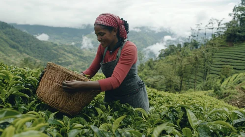 Woman Harvesting Tea on Plantation