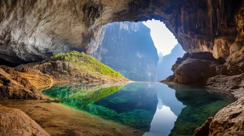 Cave Landscape with Reflective Waters and Greenery