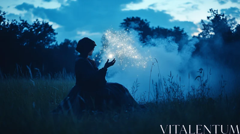 Woman Holding Stars in Night Field AI Image