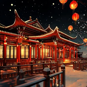 Red Lanterns in Snowy Landscape