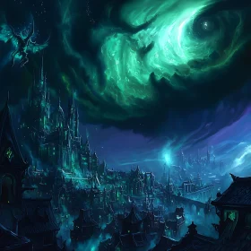 Emerald Night City with Soaring Dragon