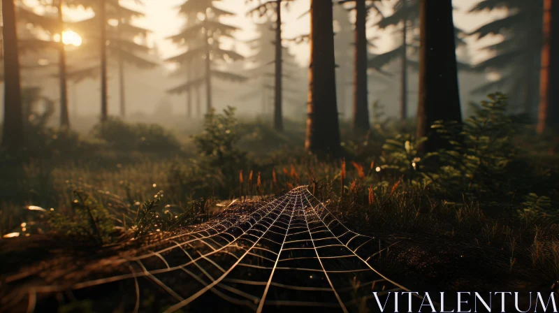 Golden-Lit Spider Web in a Forest Landscape Rendered in Unreal Engine AI Image