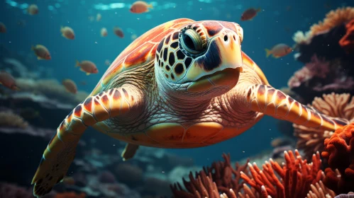 Ocean Turtle Swimming Among Sea Life Illustration