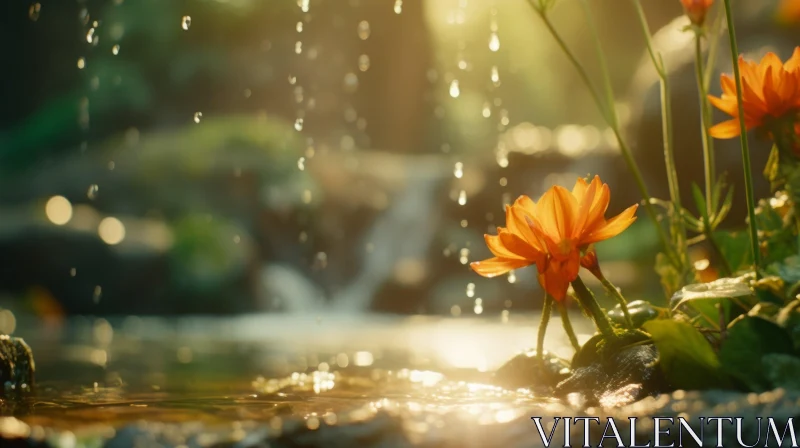 Orange Flowers and Water: A Serene Morning Scene AI Image