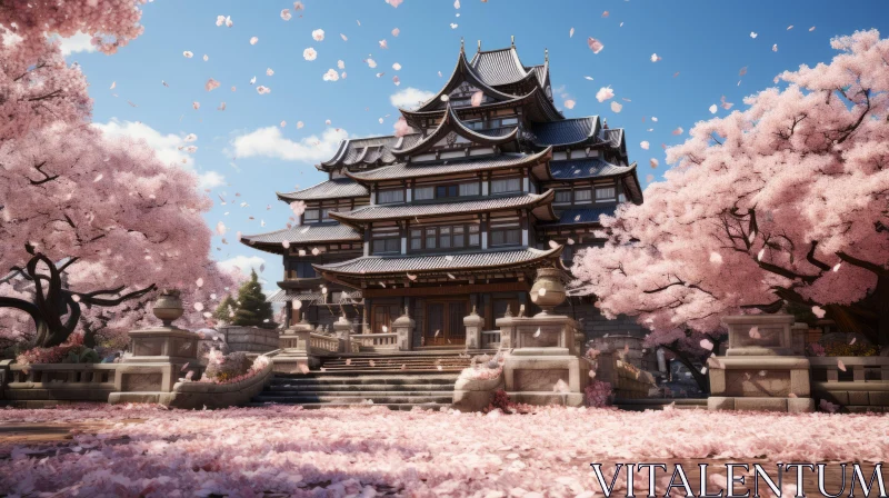 Photorealistic Fantasy: Japanese Palace Amidst Cherry Blossoms AI Image