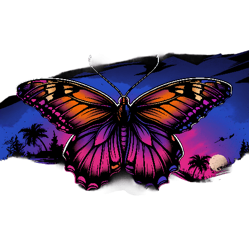 POD Design Tropical Butterfly Illustration with Sunset Beach Background