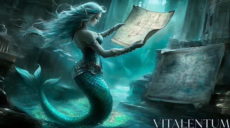 AI ART Underwater Mermaid Navigating by Map