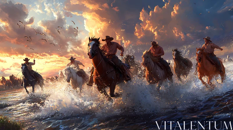 AI ART Western Cowboys Ride Horses at Sunset