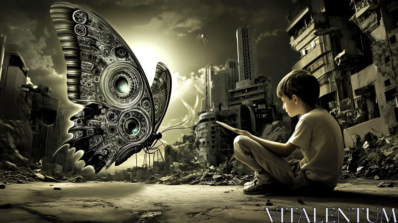 AI ART Boy and Butterfly in Post-Apocalyptic City