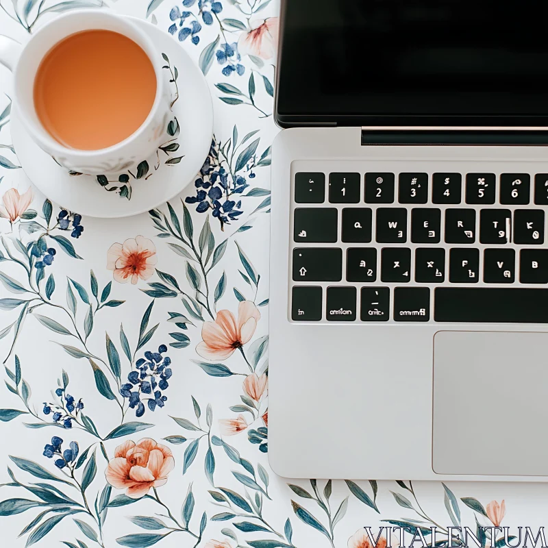 Stylish Floral-Inspired Workspace with Laptop and Tea AI Image