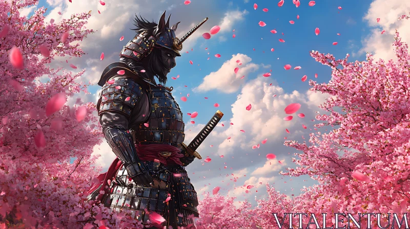 Armored Warrior Among Falling Cherry Petals AI Image