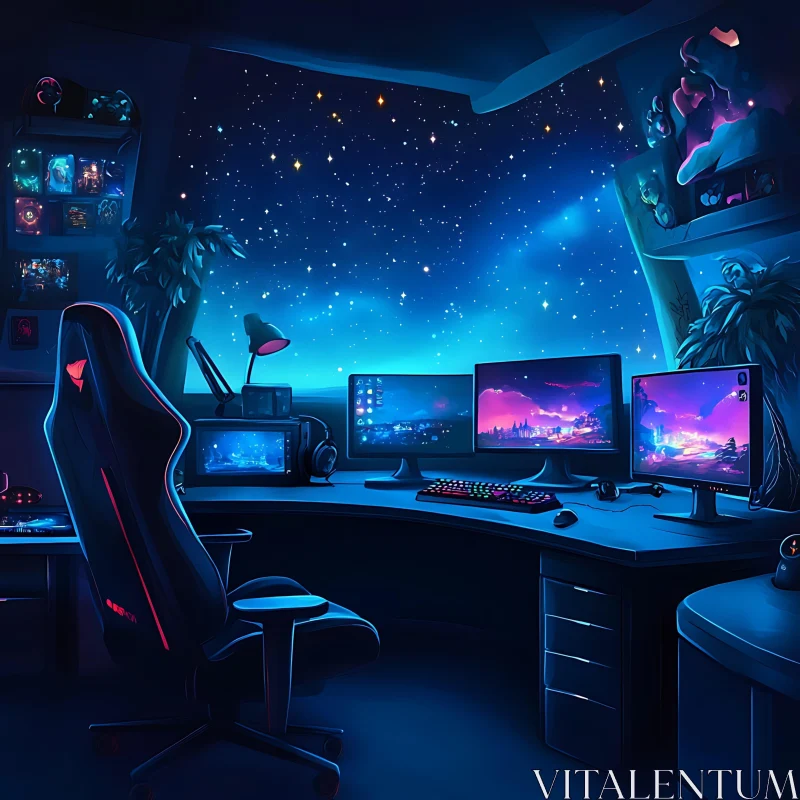 AI ART Futuristic Gaming Desk with Multiple Monitors and Starry View