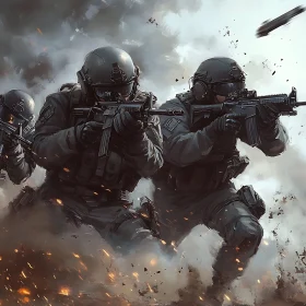 Military Squad Advancing Through Battlefield