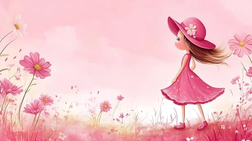 Cartoon Girl in Pink Floral Field