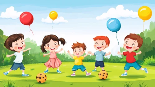 Cartoon Children with Balloons in Field