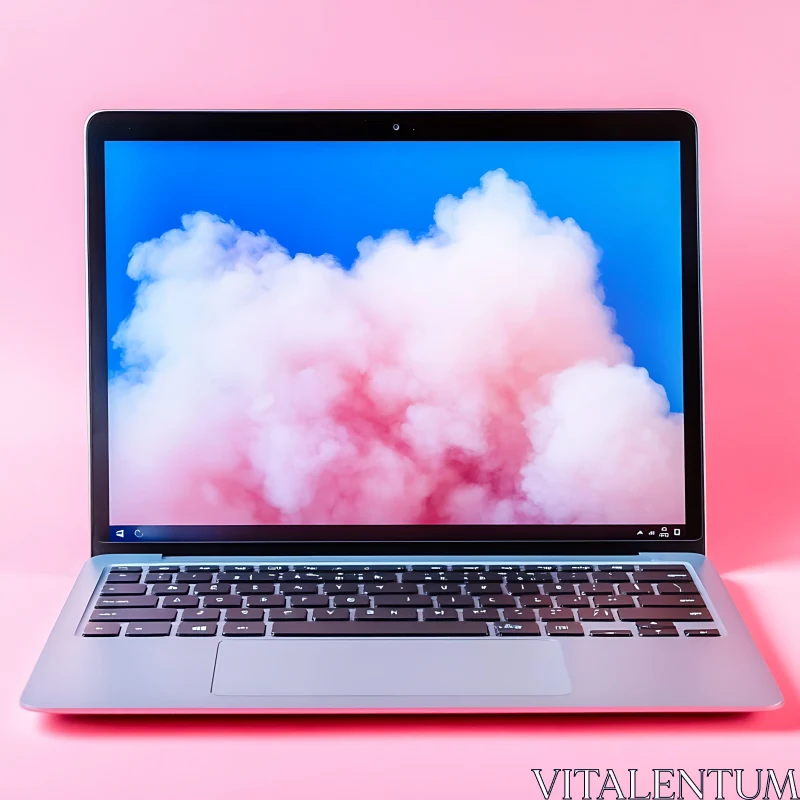 Laptop with Cloudy Sky Display and Pink Backdrop AI Image