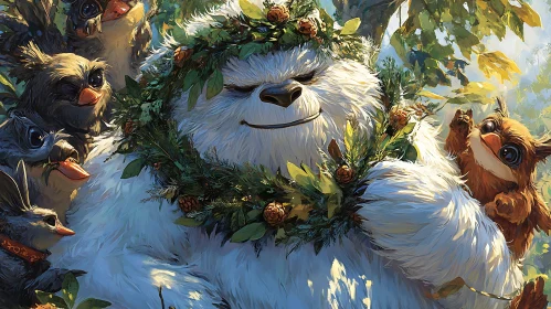 Whimsical Yeti Portrait with Forest Friends