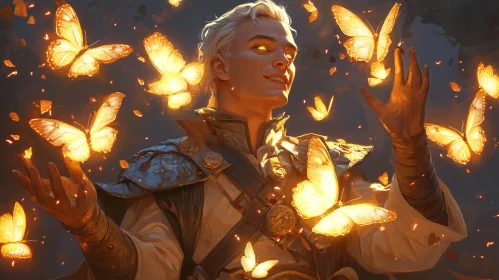 Man surrounded by glowing butterflies