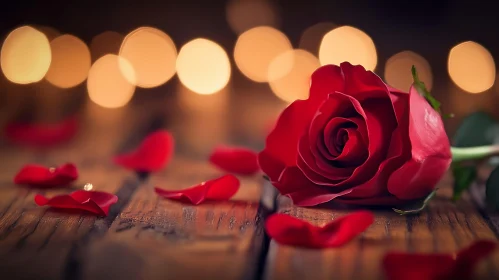 Rose and Petals on Wooden Background