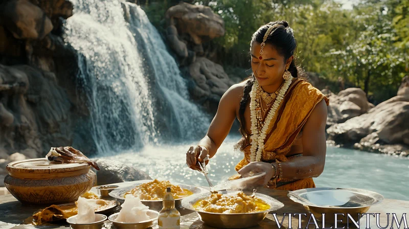 Woman Preparing Food by Waterfall AI Image