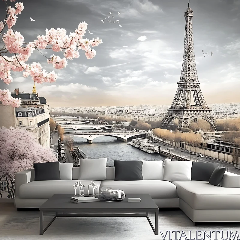 Paris Spring Scene with Eiffel Tower and Blossoms AI Image