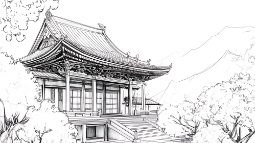 Monochrome Asian Temple Architectural Drawing