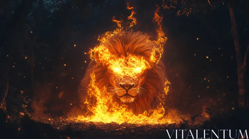 Lion with Fiery Mane Glowing in the Forest AI Image