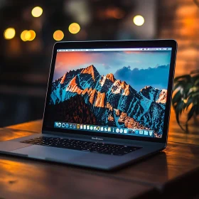 Laptop on Wooden Table with Scenic Background