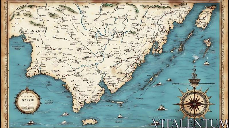 AI ART Old World Map with Sailing Ships