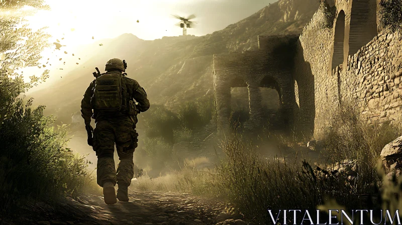 Military Personnel Approaching Ruins AI Image