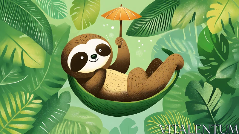 Whimsical Tropical Sloth Illustration AI Image