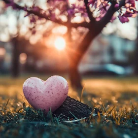 Heart Resting on Log at Sunset