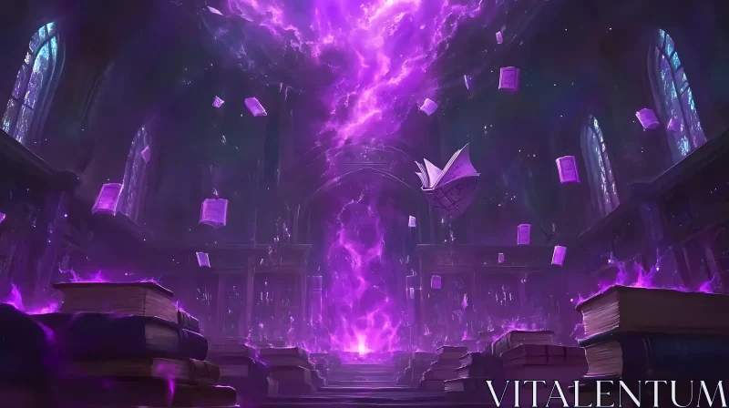 Mystical Library with Floating Books AI Image