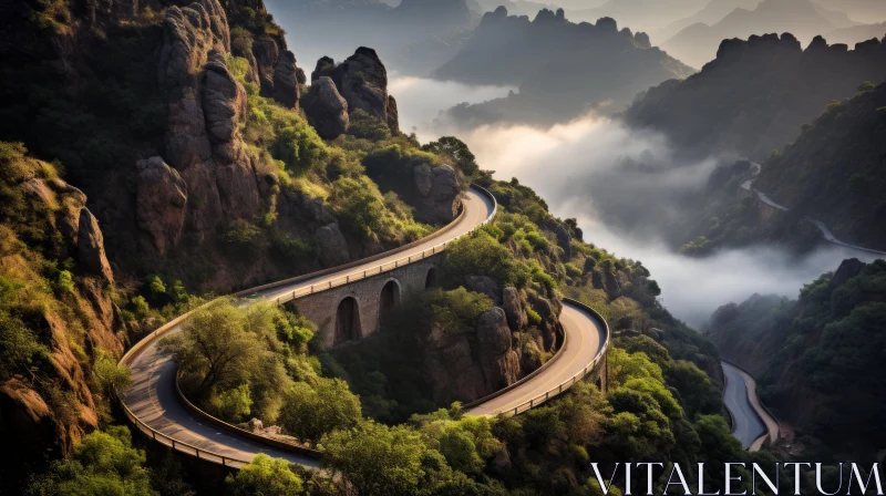Captivating Mountain Landscape with Winding Road and Mist AI Image