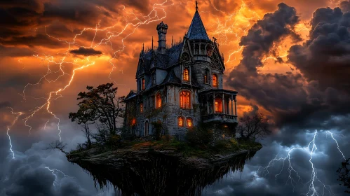 Floating Gothic House with Stormy Sky