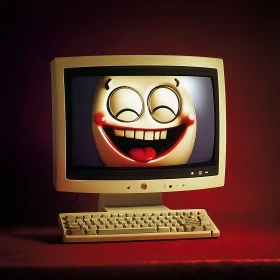 Vintage Monitor Showing Happy Cartoon Face