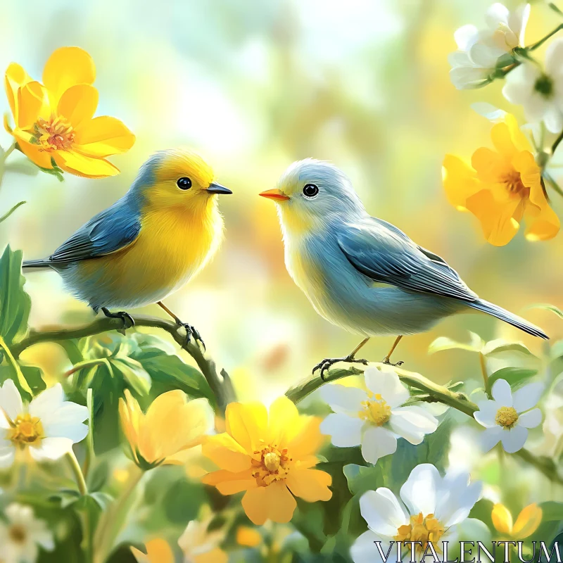 AI ART Two Birds in Floral Garden