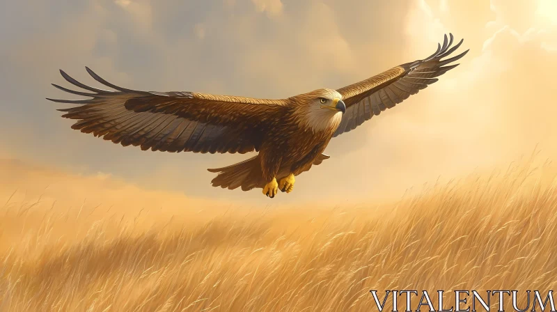 Eagle in Flight Over Golden Fields AI Image