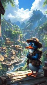 Explorer Duck in Cartoon Landscape