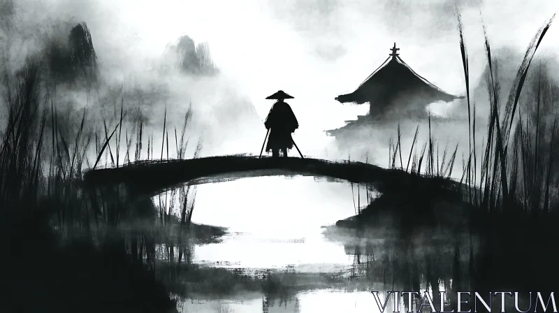 AI ART Monochrome Warrior on Misty Bridge