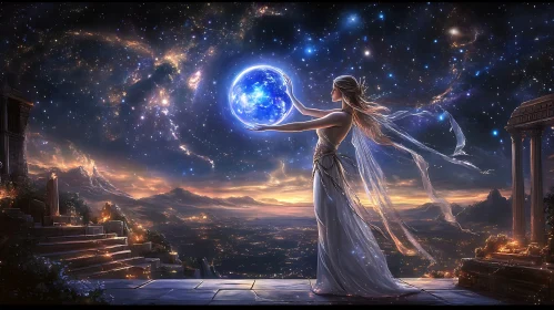 Woman with Magic Orb in Starry Night