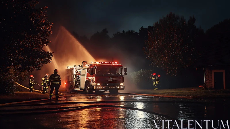 Firetruck and Firefighters at Night AI Image