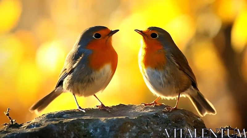 Two Robins Perched on a Rock AI Image