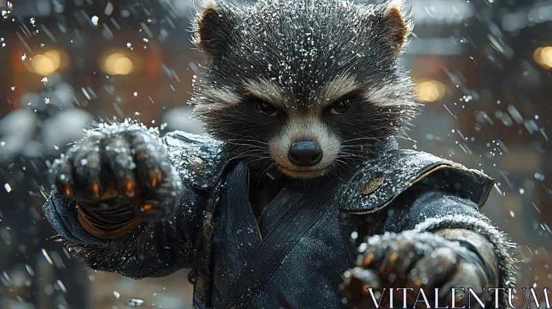 Snowy Raccoon Ready to Fight AI Image