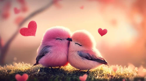 Charming Birds in Love with Hearts