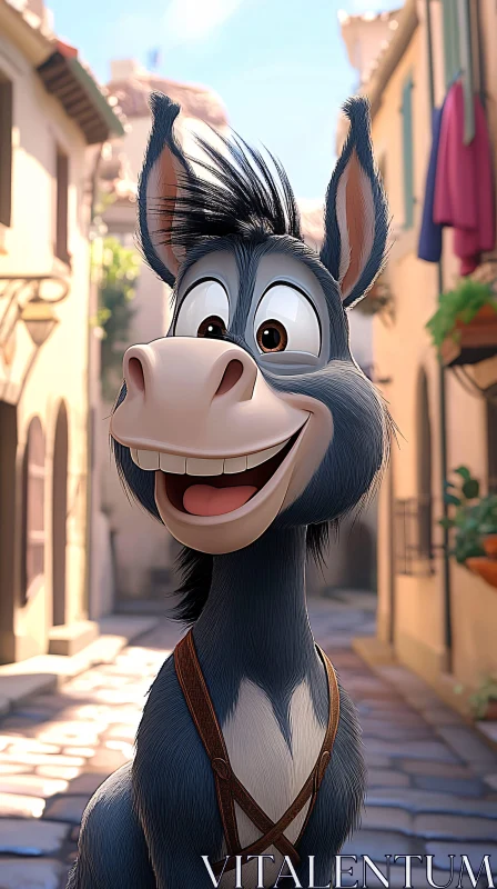 Smiling Cartoon Donkey in Quaint Alleyway AI Image