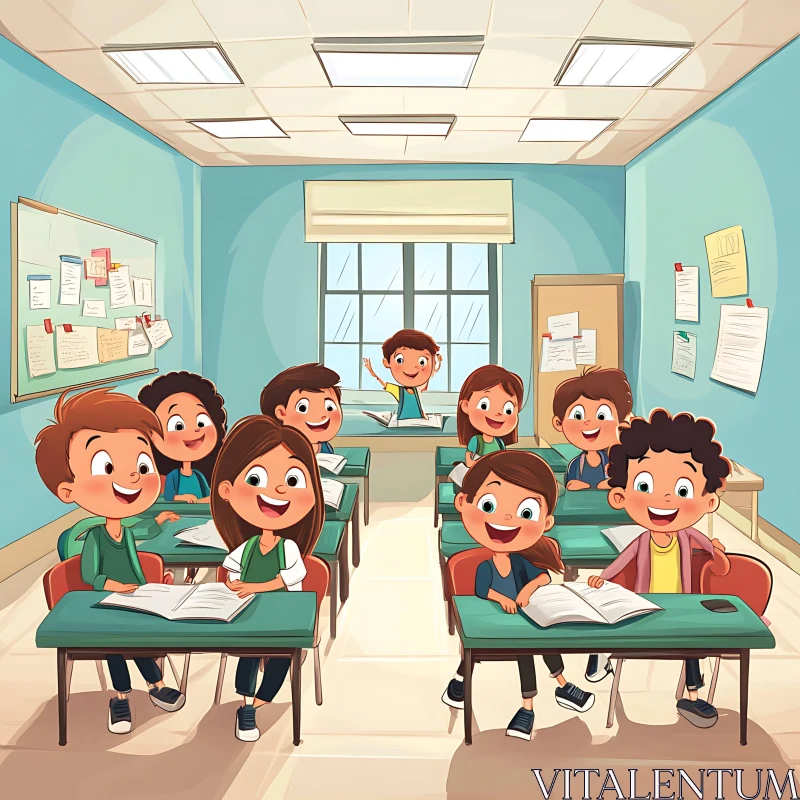 AI ART Cartoon Kids Learning at School