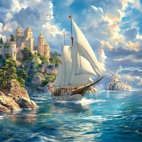 Coastal Voyage: Sailboat and Ancient Castle